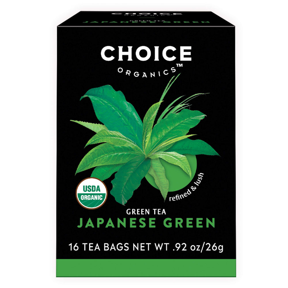 Choice Organic Teas Organic Japanese Green Tea 6-pack label with compostable bags for eco-friendly brewing