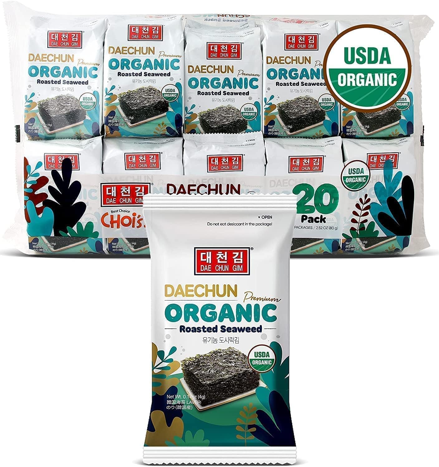 CHOI'S 1 Organic Daechun seaweed snacks 20-pack, convenient on-the-go freshness.