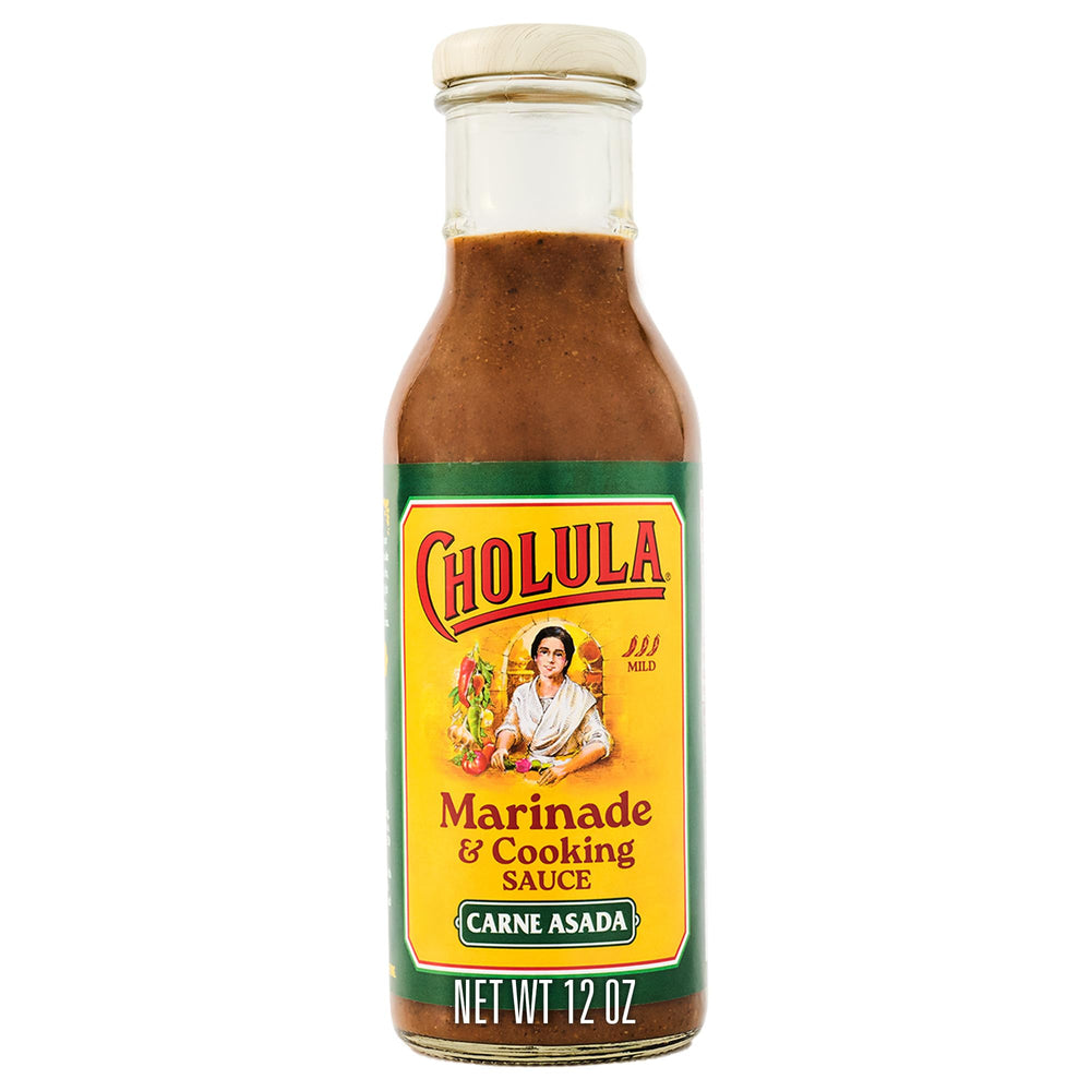 Cholula Carne Asada Marinade bottle highlights smoky blend for juicier steak.