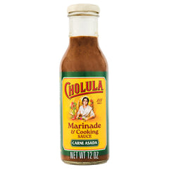 Cholula Carne Asada Marinade bottle highlights smoky blend for juicier steak.