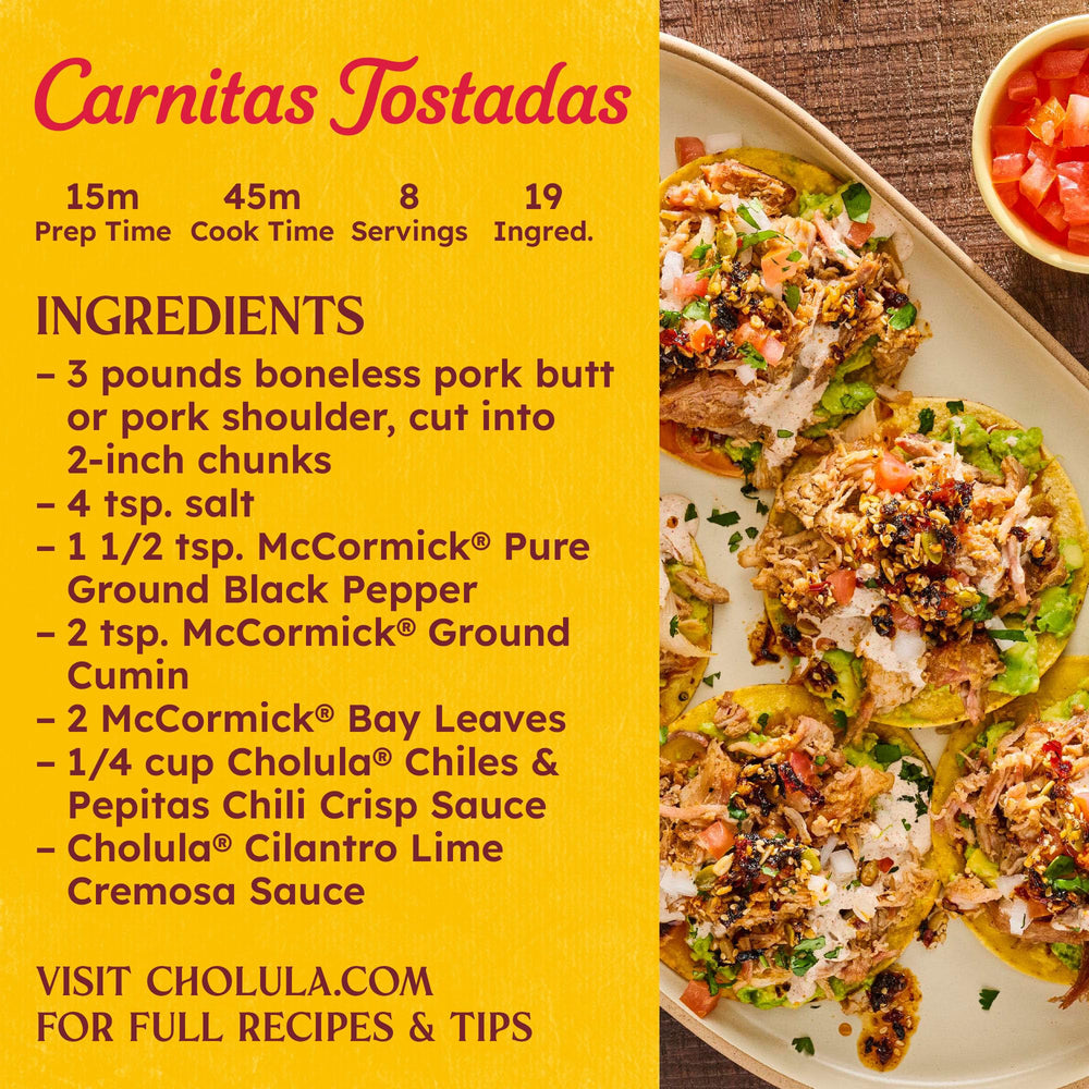 Cholula Chili Crisp closeup highlights chiles and pepitas.