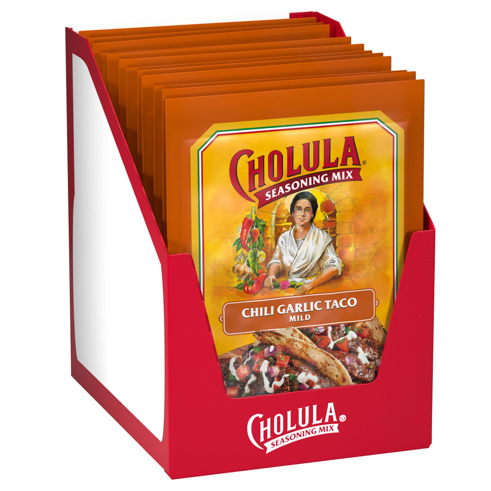 Cholula Chili Garlic Taco Seasoning Mix bottle pour enhances quick weeknight tacos.