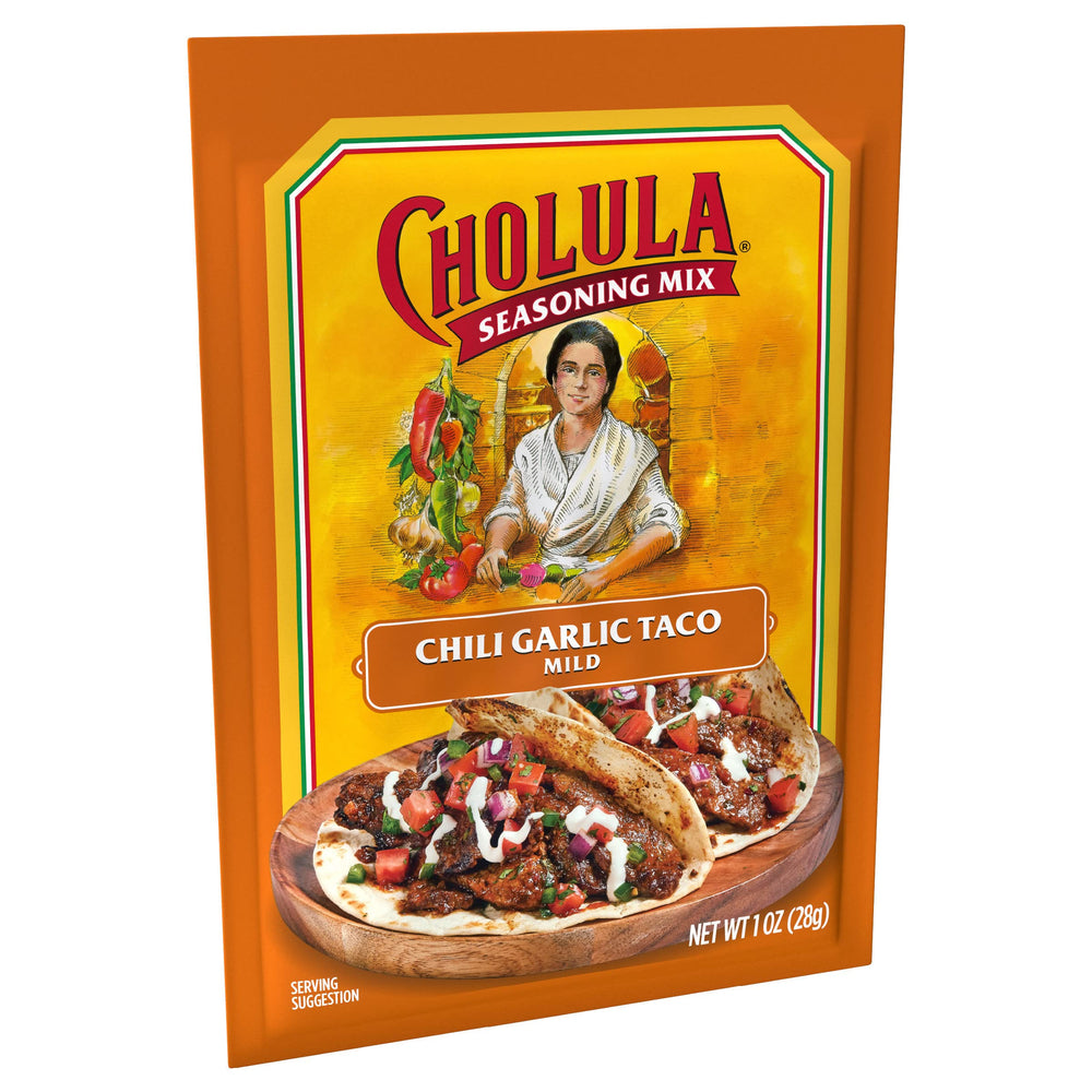 Cholula Chili Garlic seasoning packet open ready for easy prep.