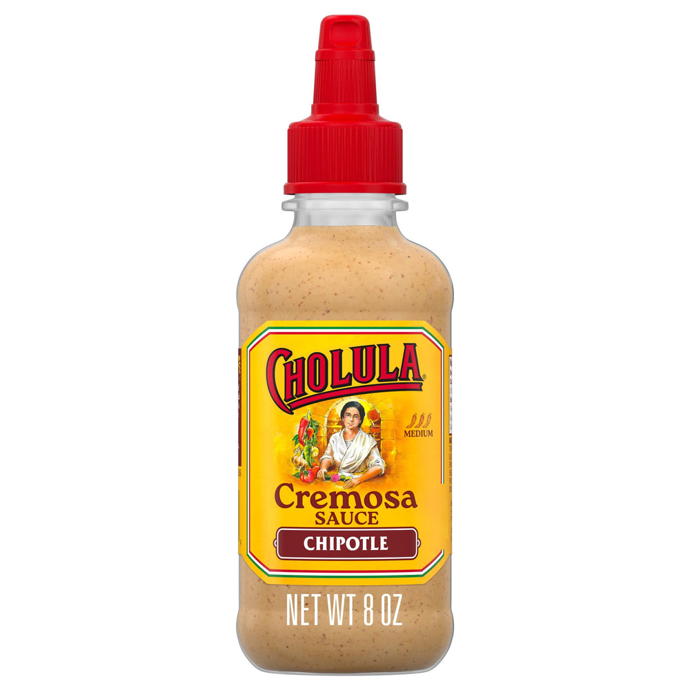 Cholula Cremosa Chipotle bottle pour adds creamy, smoky heat to tacos