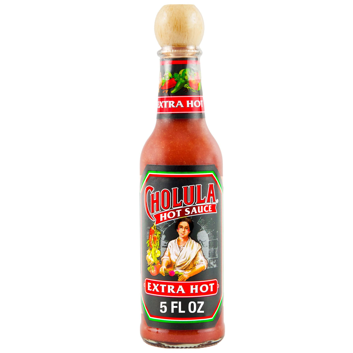 Cholula Extra Hot bottle cap close-up highlighting authentic heat