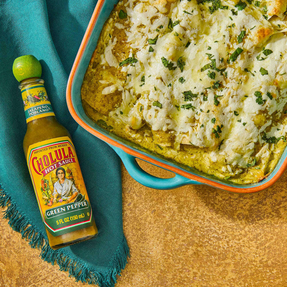 Cholula Green Pepper bottle offers bright heat on tacos.