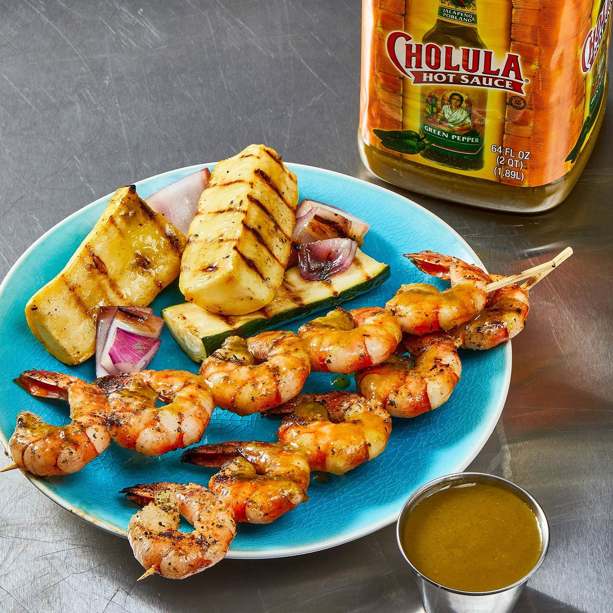 Cholula Green Pepper Hot Sauce glaze on grilled chicken for flavor.