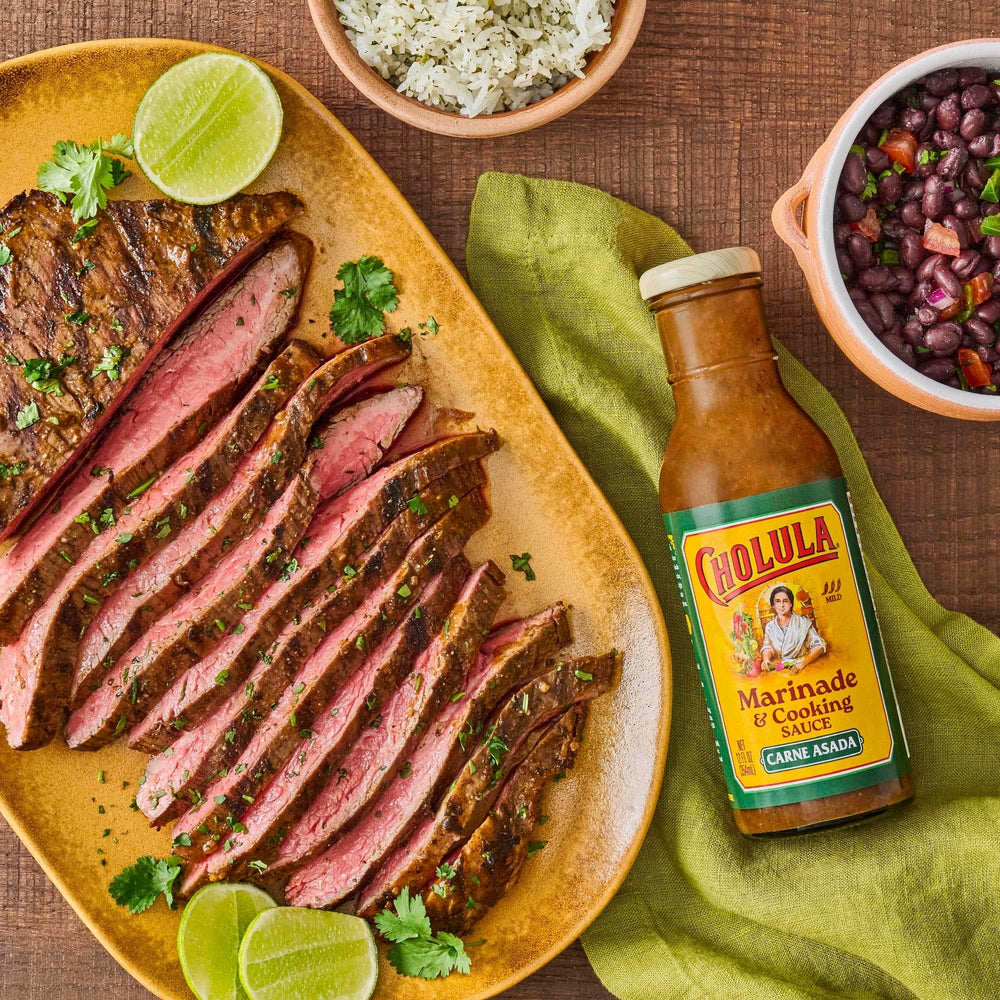 Cholula Marinade next to tortillas ready for carne asada tacos.