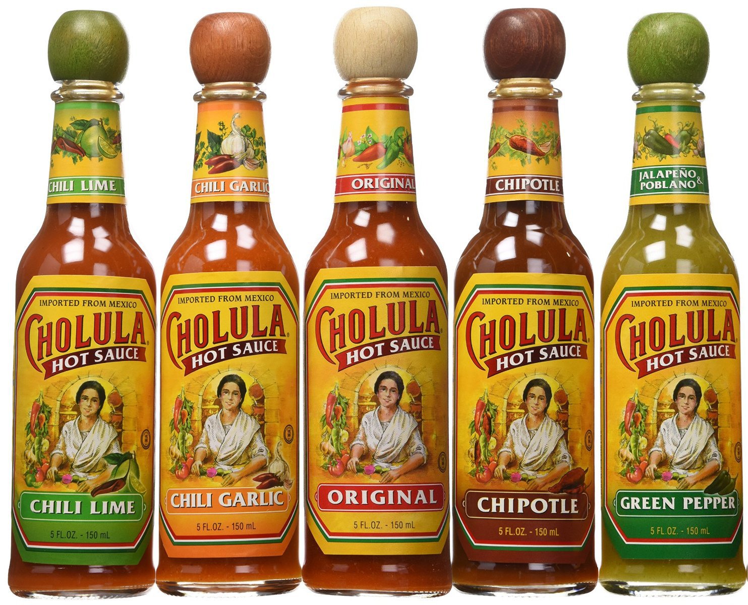 Cholula Original hot sauce bottle with signature artwork and wooden cap, elevating eggs and tacos.