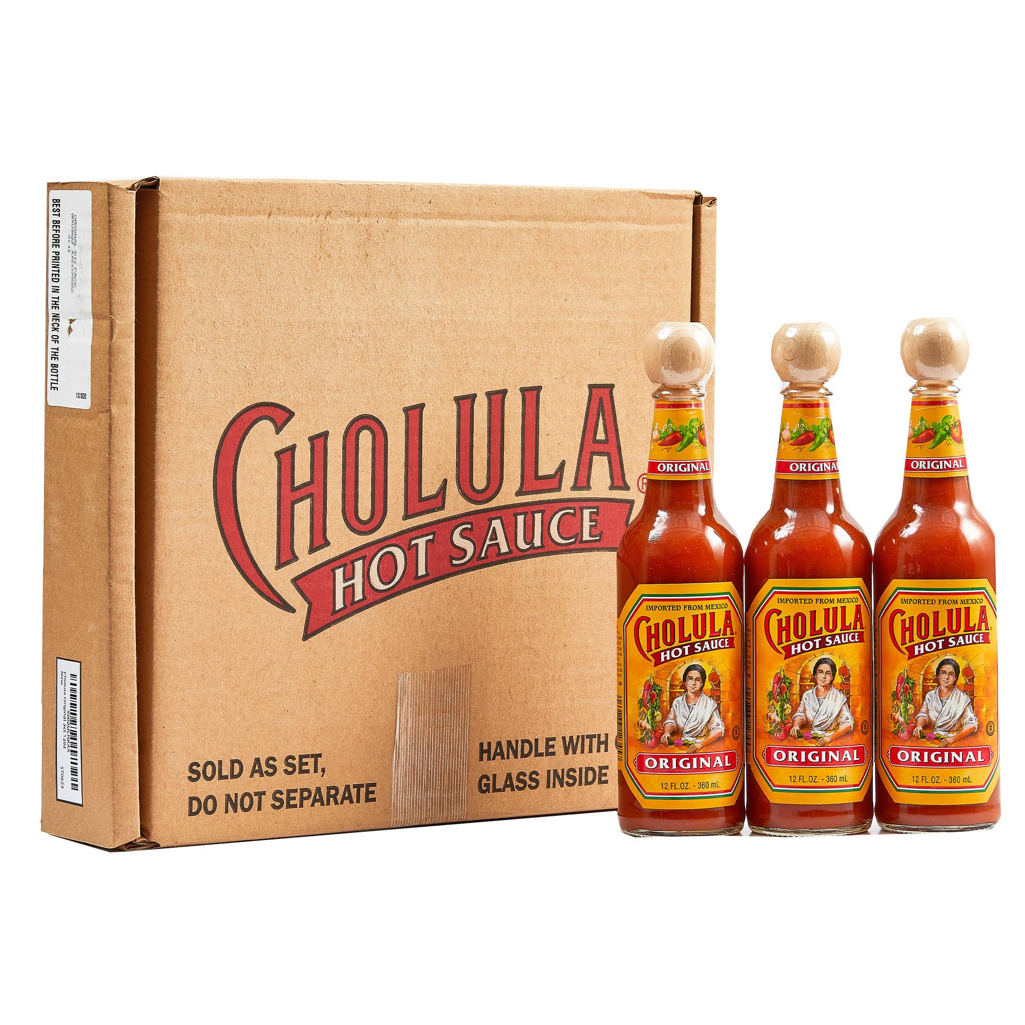 Cholula Original hot sauce bottle with wooden cap, ideal for eggs and tacos.