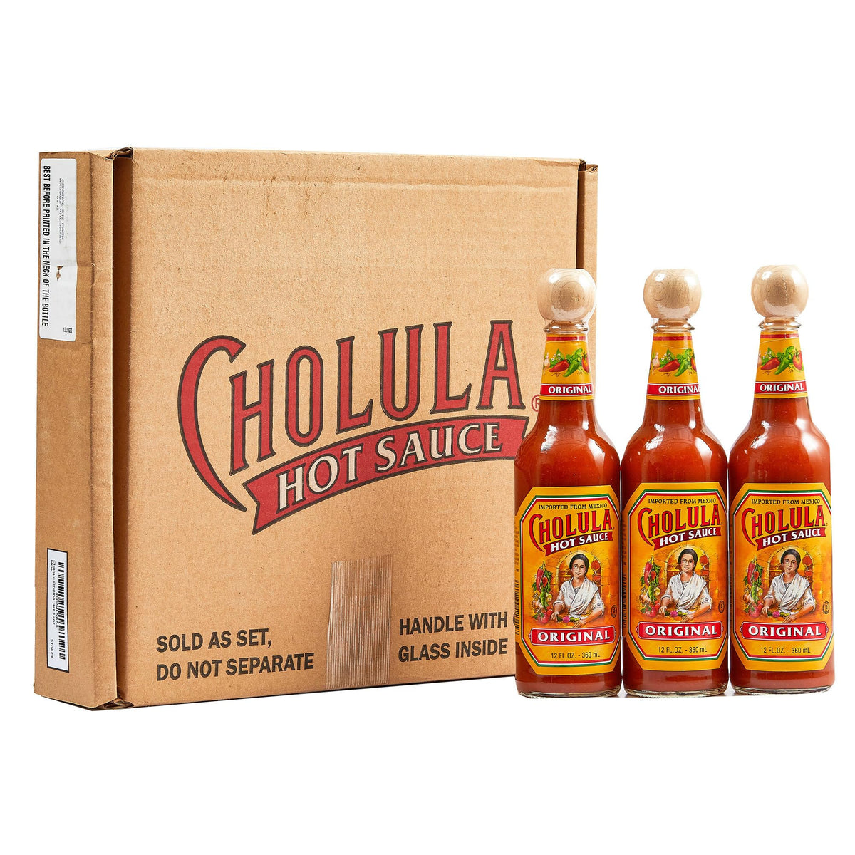 Cholula Original hot sauce bottle with wooden cap, ideal for eggs and tacos.