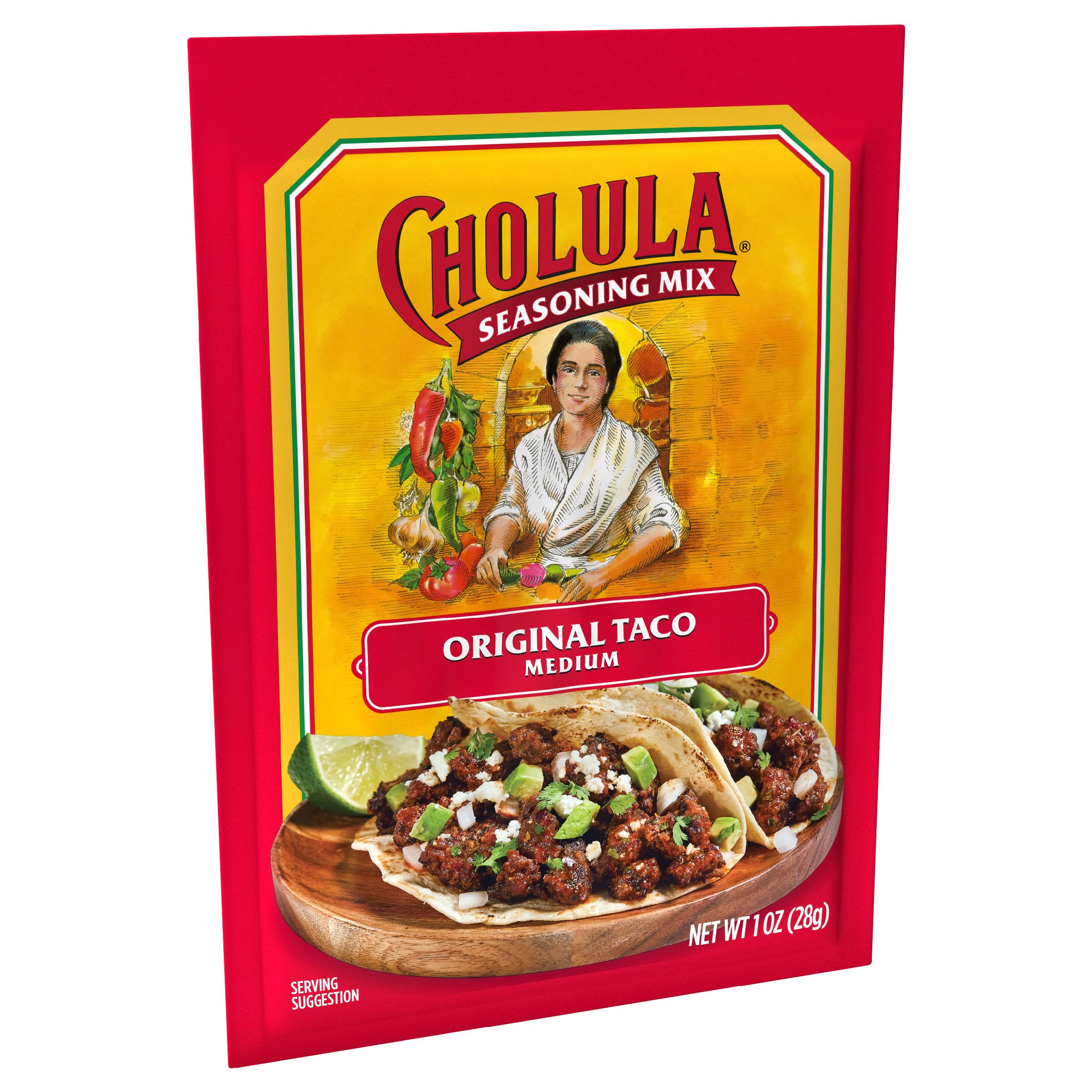 Cholula Original Taco Seasoning spices closeup highlights paprika and oregano aroma.