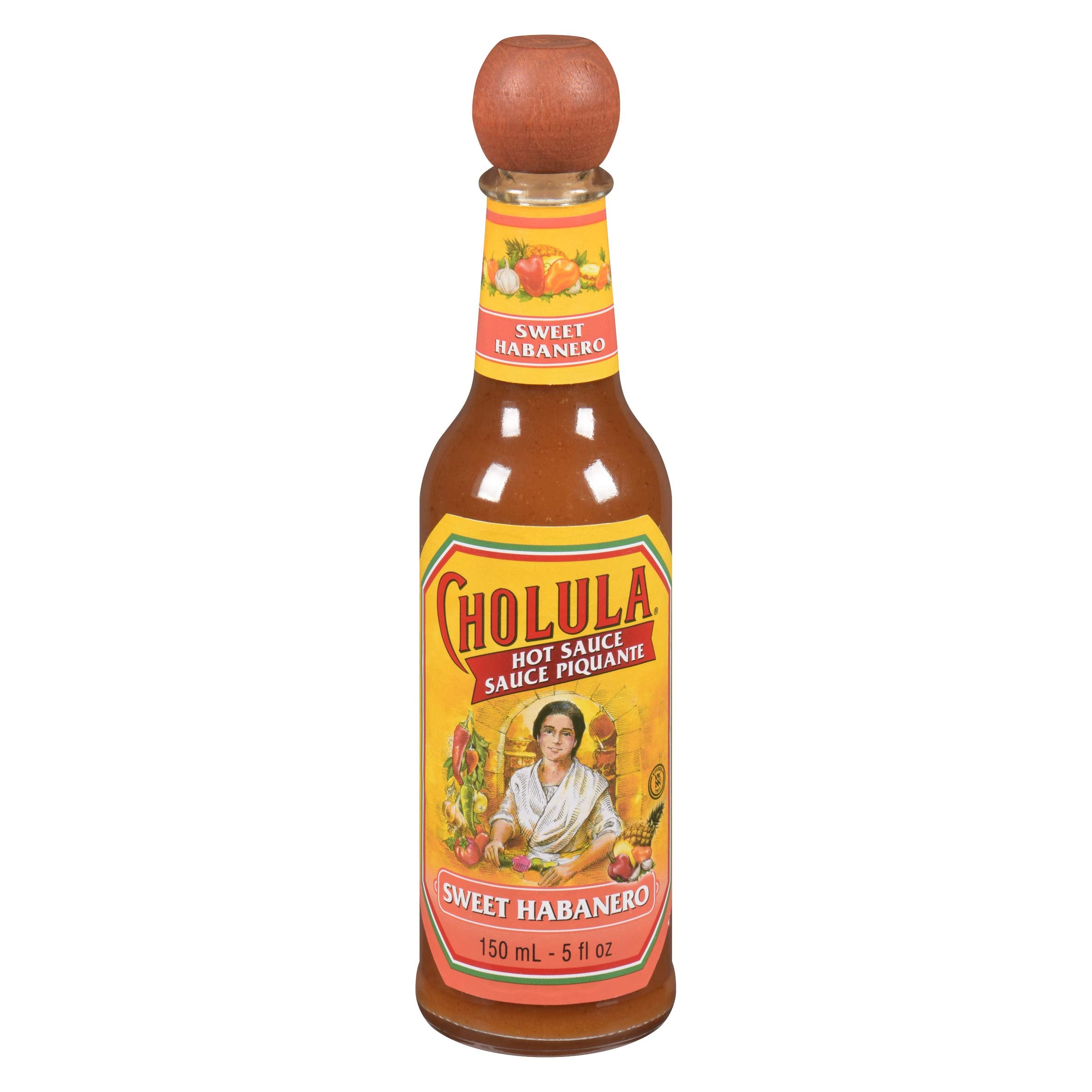 Cholula Sweet Habanero Hot Sauce bottle front view boosts burgers with bright heat.