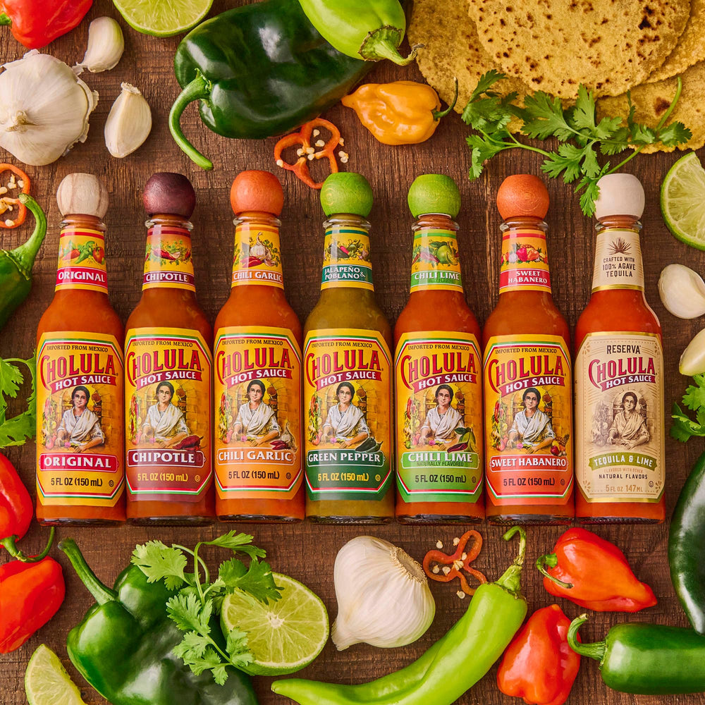 Cholula Tequila & Lime Reserva ingredients peppers closeup suggests layered heat.