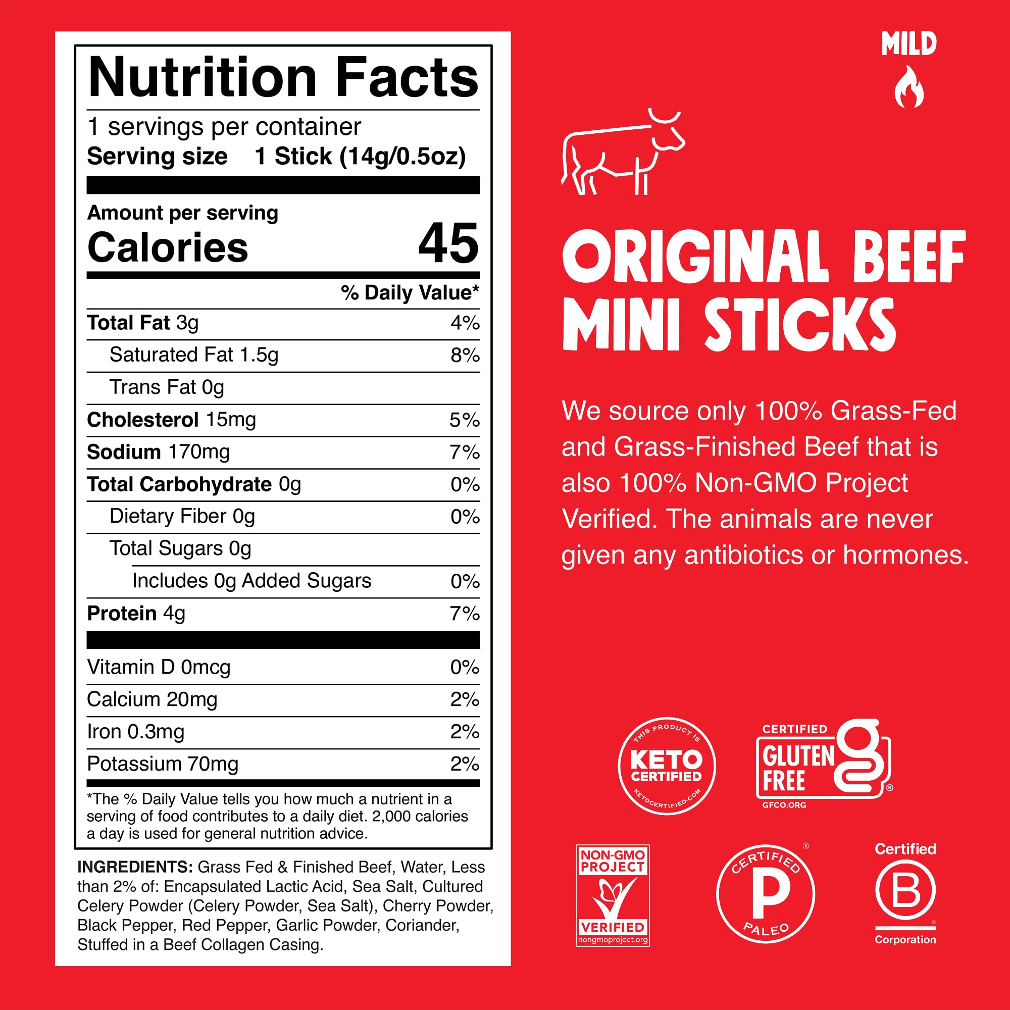 Chomps grass-fed beef label highlighting quality ingredients and non-GMO seal