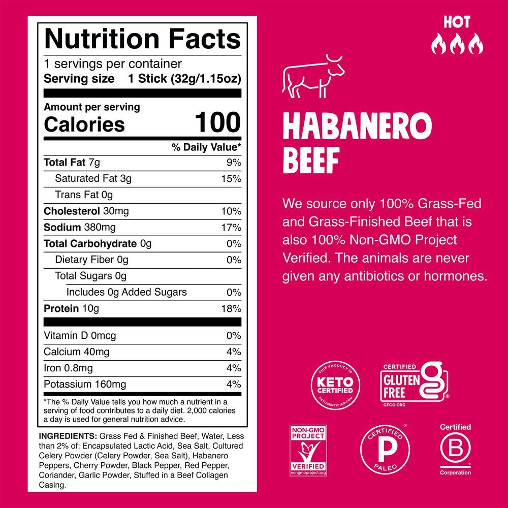 Chomps grass-fed beef jerky stick close-up highlighting 10 g protein.