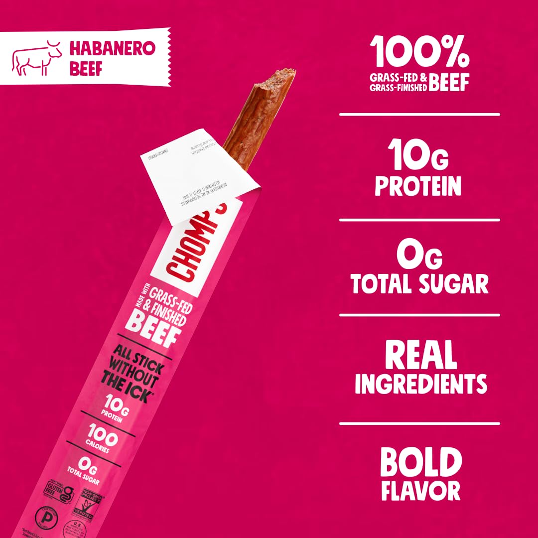 Chomps grass-fed finished beef jerky pack label highlights quality and nutrition