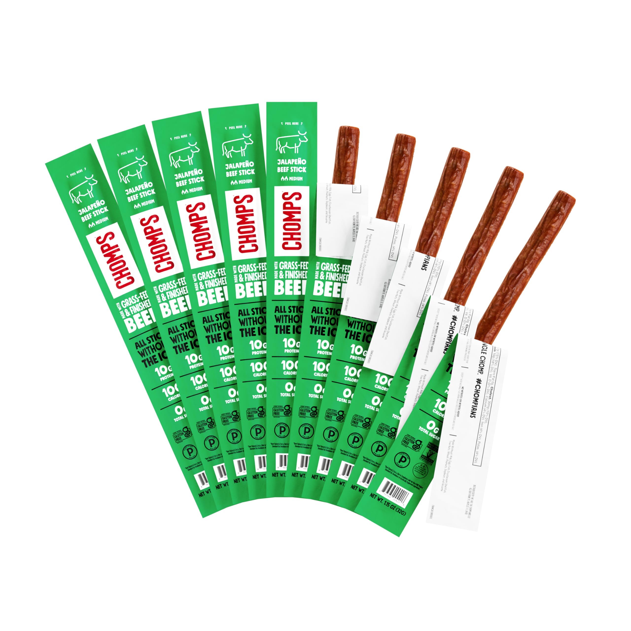 Chomps grass-fed jalapeño jerky stick hero image showing bold flavor and lean protein