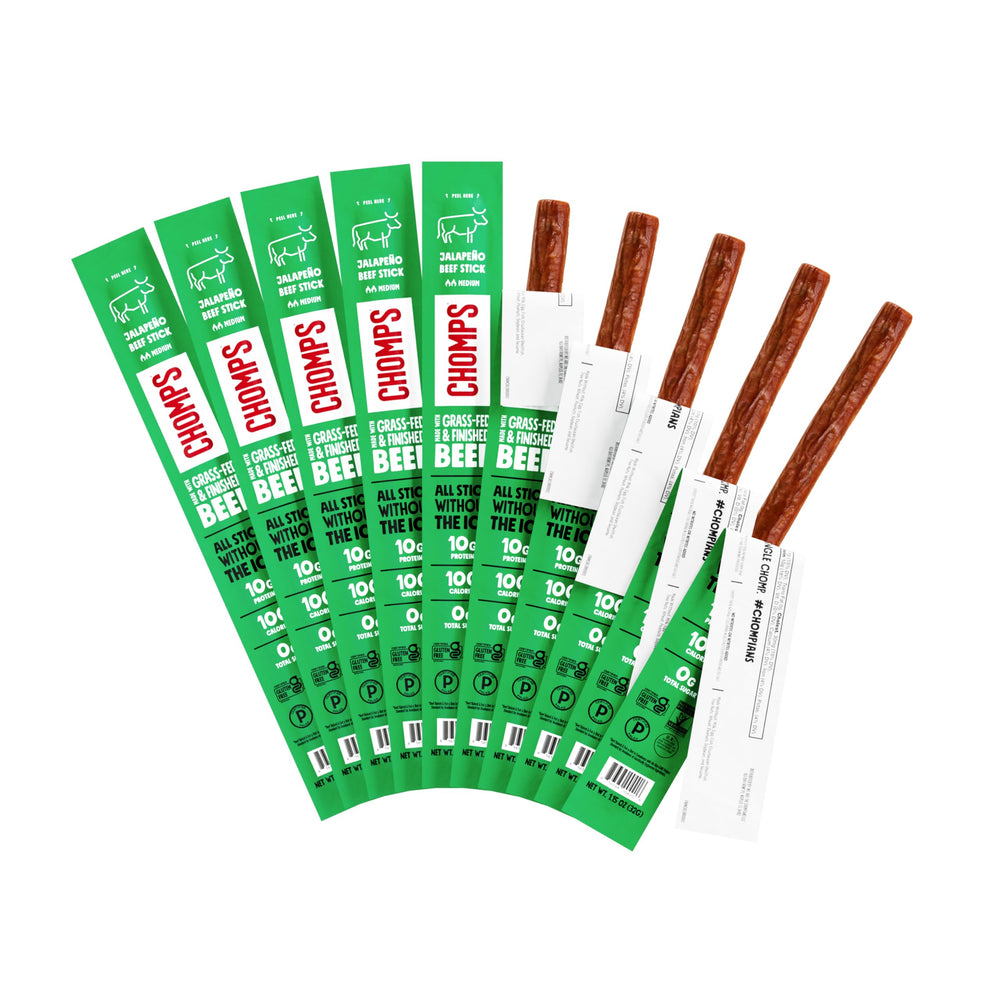 Chomps grass-fed jalapeño jerky stick hero image showing bold flavor and lean protein