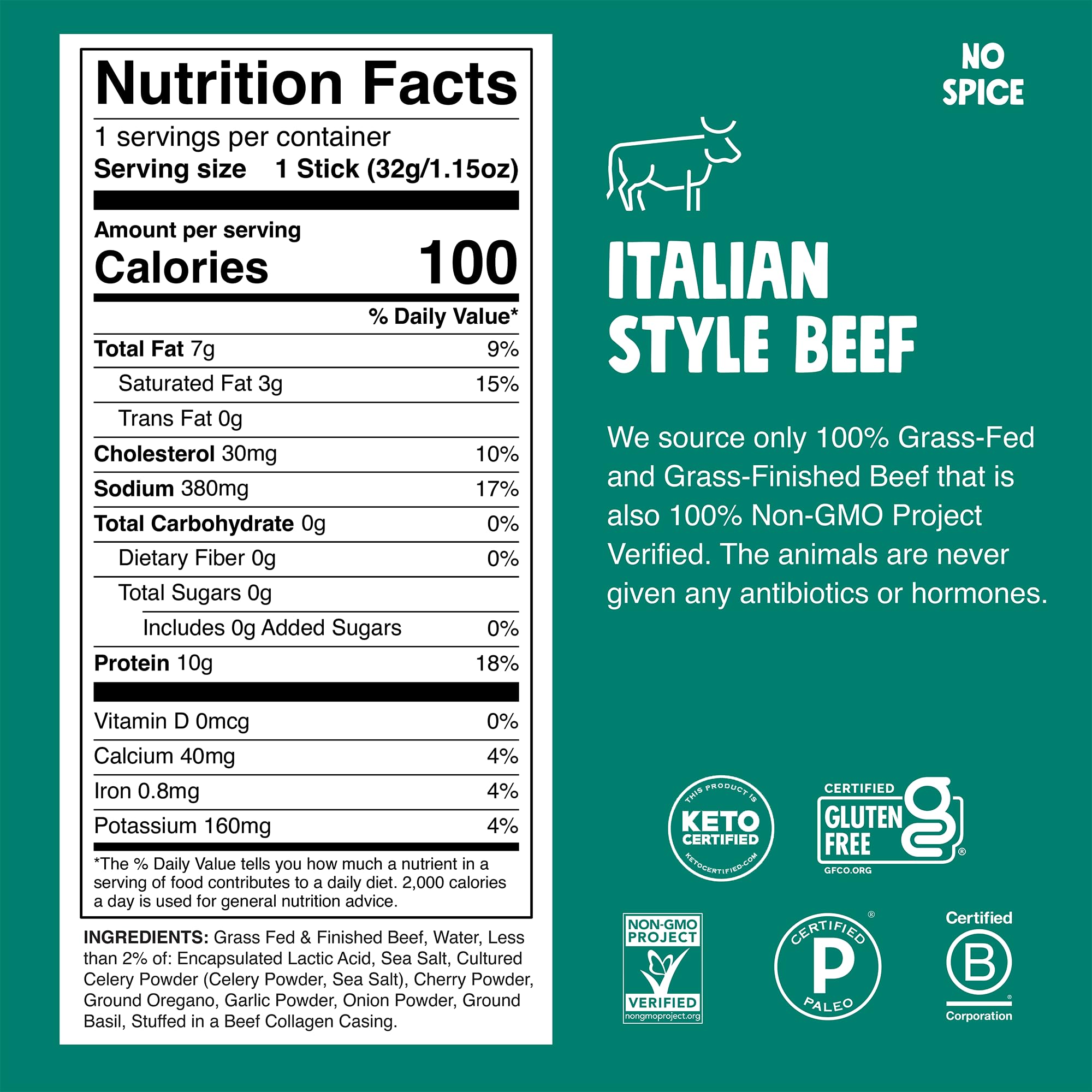 Chomps Italian Style beef jerky stick side view—grass-fed quality in a convenient snack.