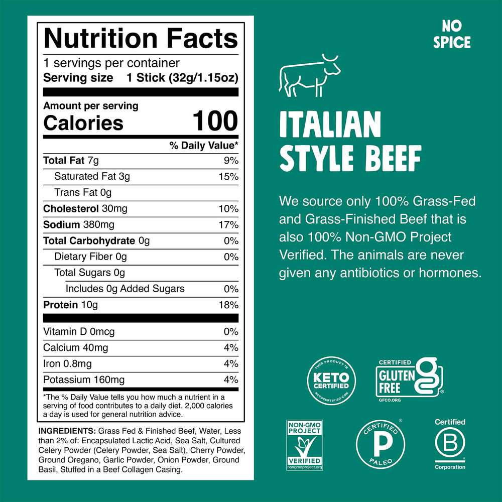 Chomps Italian Style beef jerky stick side view—grass-fed quality in a convenient snack.