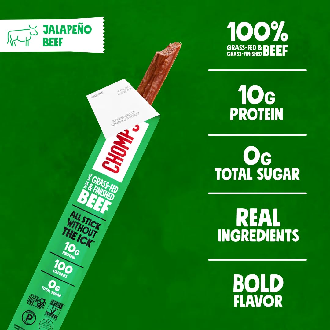 Chomps jalapeño beef jerky stick close-up of meat texture and peppers