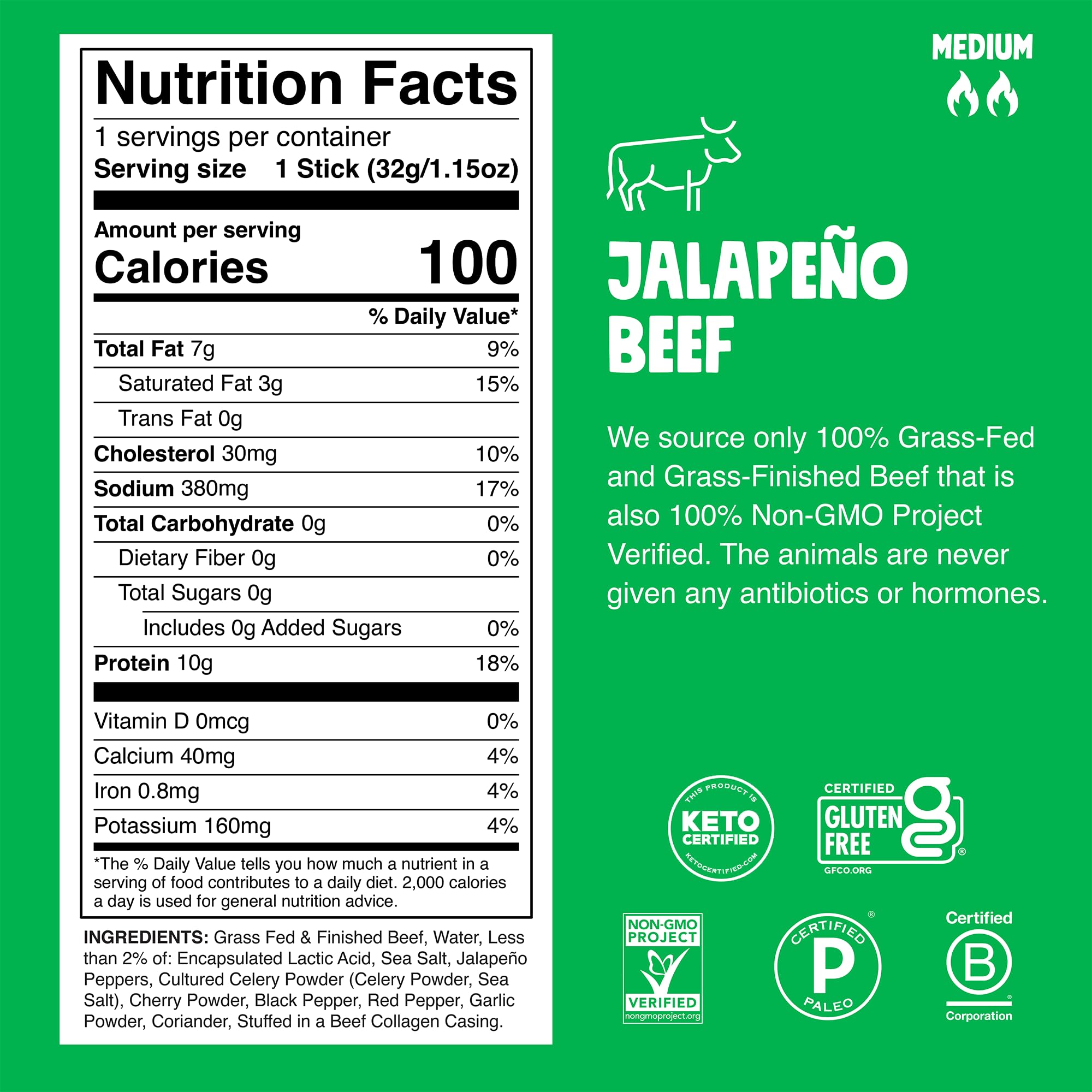 Chomps Jalapeno beef jerky stick front view with bold pepper flavor