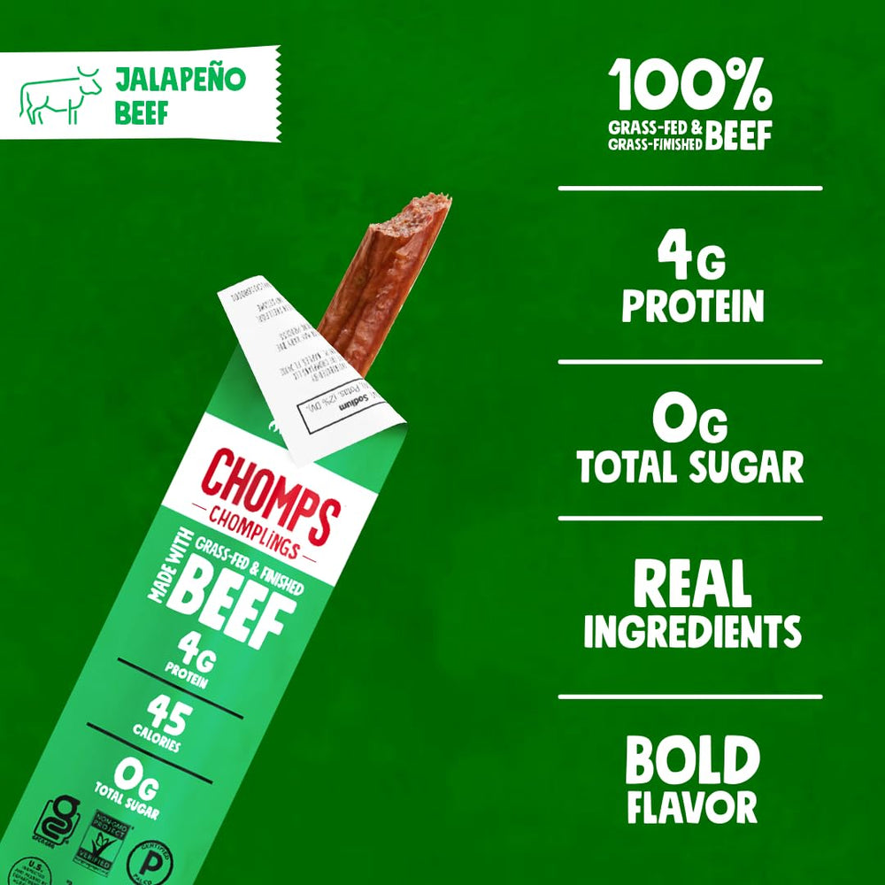 Chomps jalapeño jerky stick with visible peppers, ideal for a spicy snack.