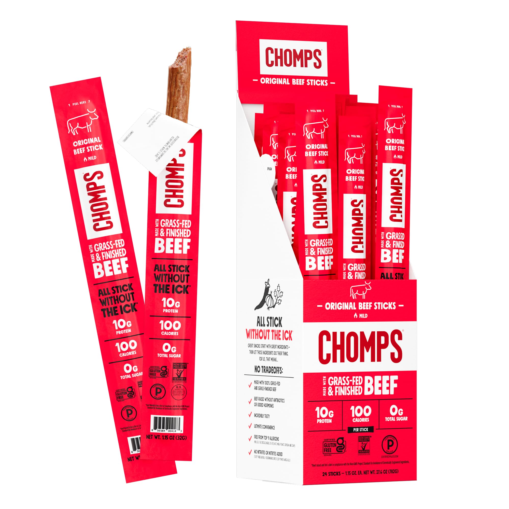Chomps grass-fed beef jerky 24-pack on display for on-the-go protein.
