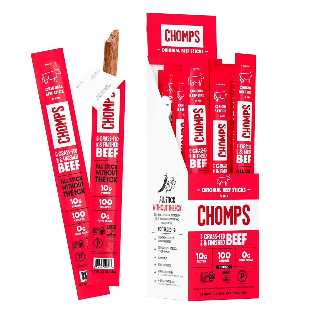 Chomps grass-fed beef jerky 24-pack on display for on-the-go protein.