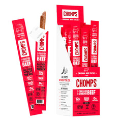 Chomps grass-fed beef jerky 24-pack on display for on-the-go protein.