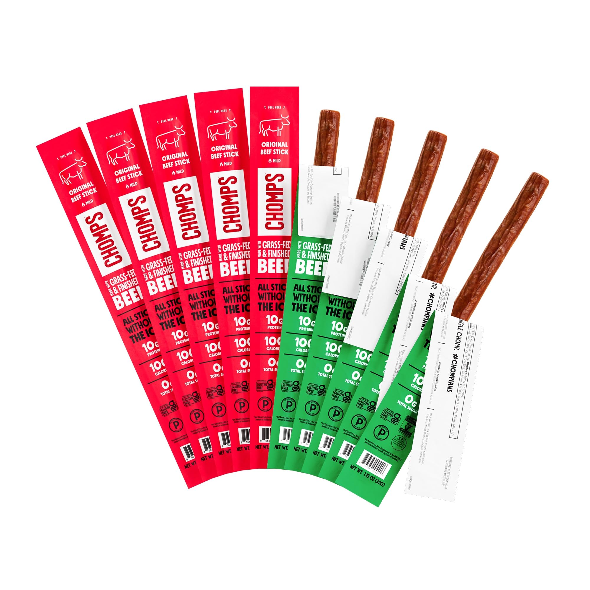 Chomps Original beef jerky stick front view highlighting protein-packed snack