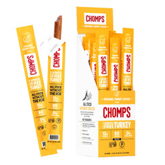 Chomps Original Turkey Jerky Stick close-up shows smoky spice flavor for on-the-go snacking.