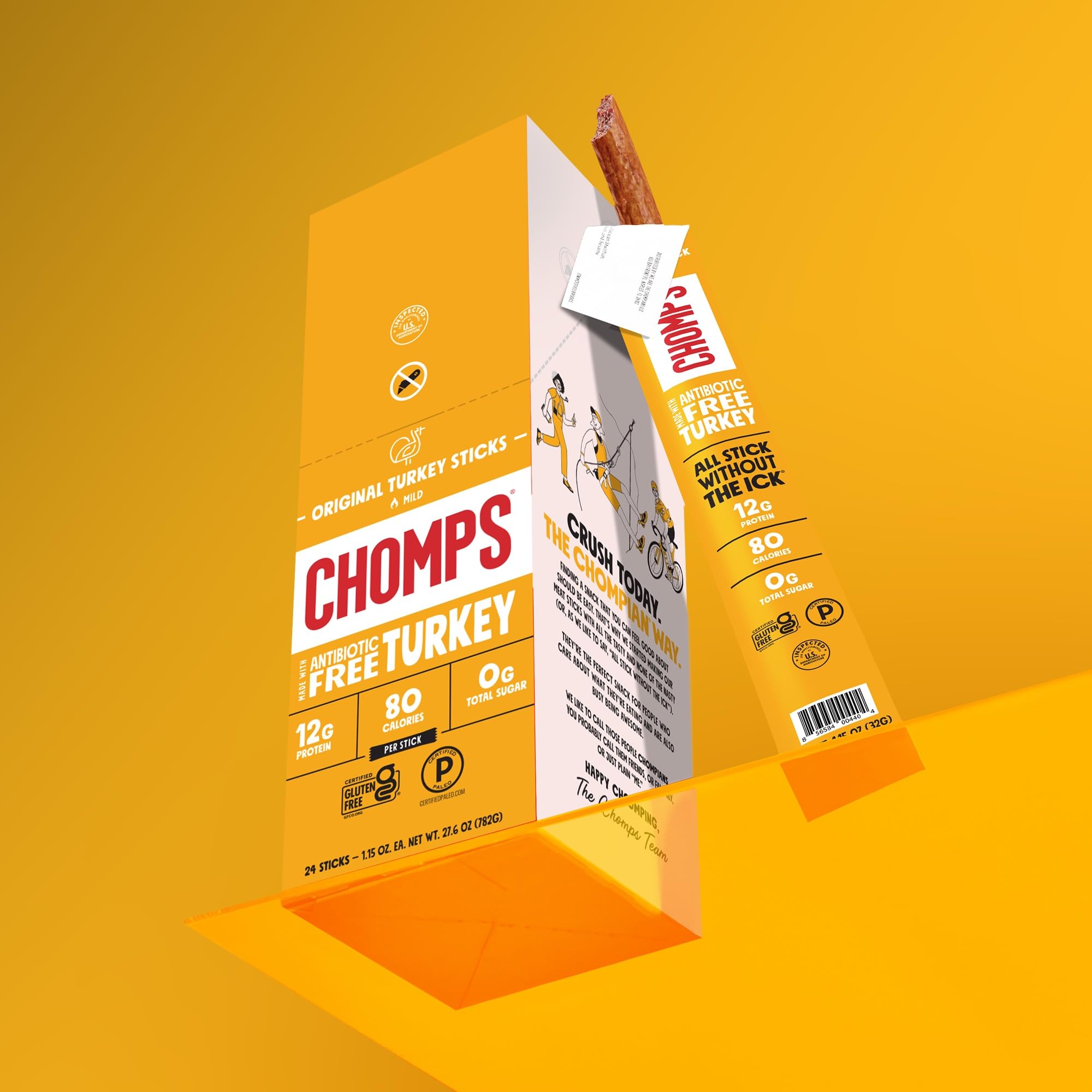 Nutrition label highlights 12 g protein per Chomps Jerky Stick.