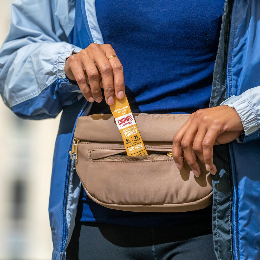 Chomps Original Turkey Jerky Stick at the office desk for a convenient protein boost