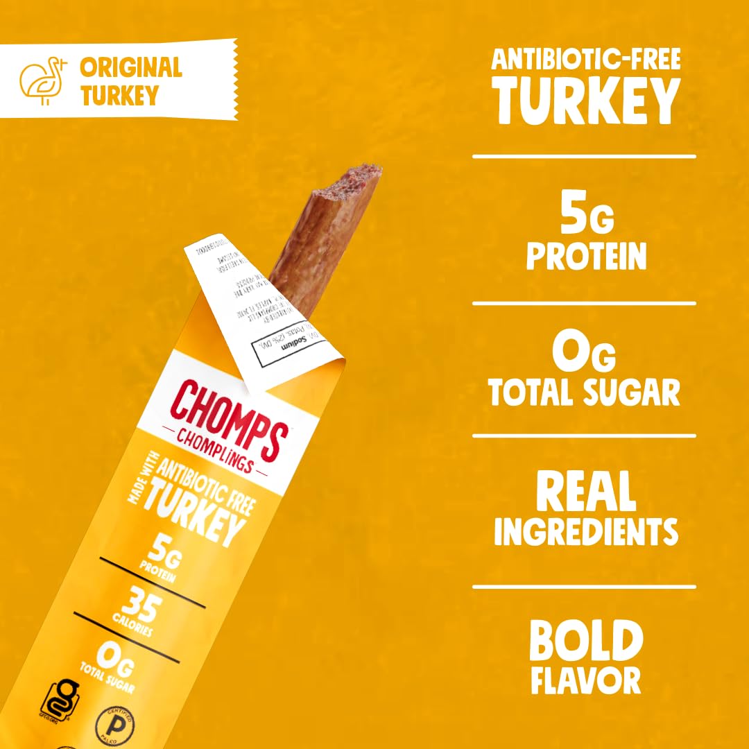 Chomps Original Turkey Jerky Stick packaging shows antibiotic-free and nitrate-free turkey