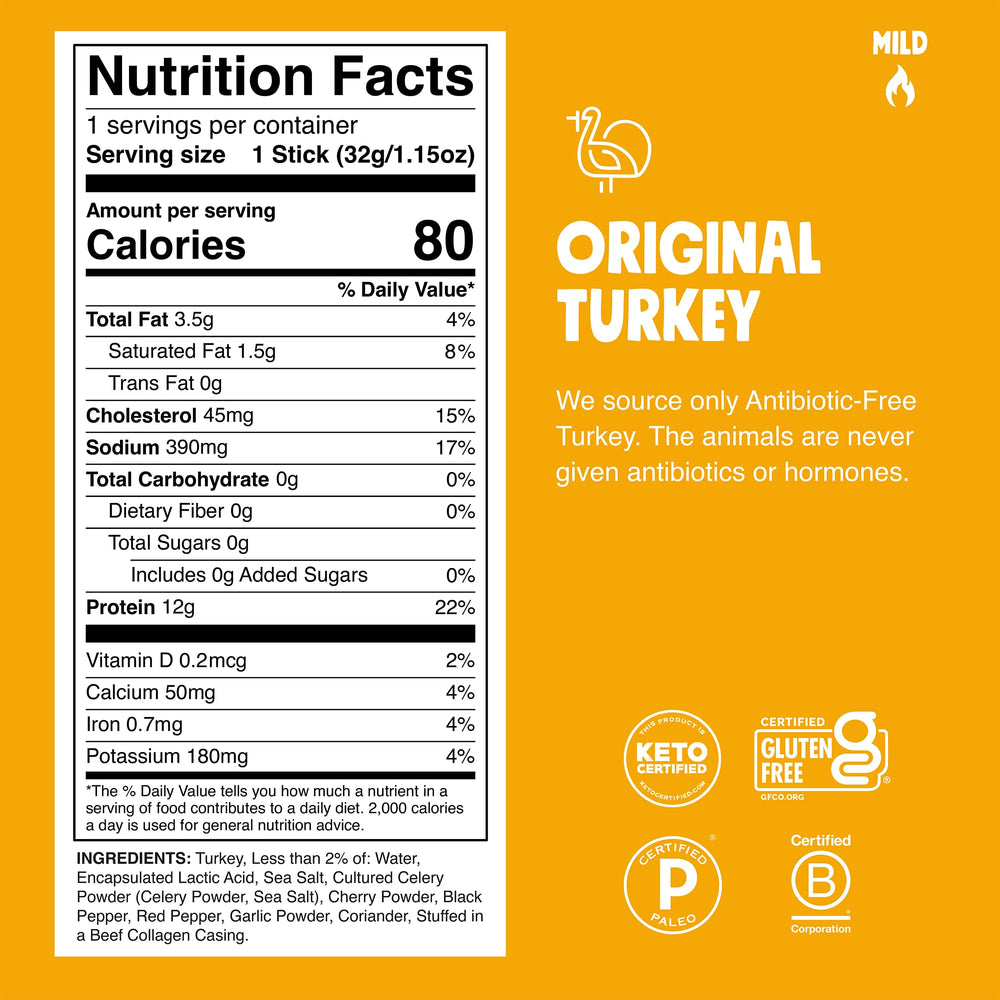 Chomps Original Turkey Jerky Stick packaging highlights 12g protein per serving.