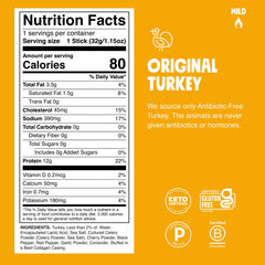 Chomps Original Turkey Jerky Stick packaging highlights 12g protein per serving.