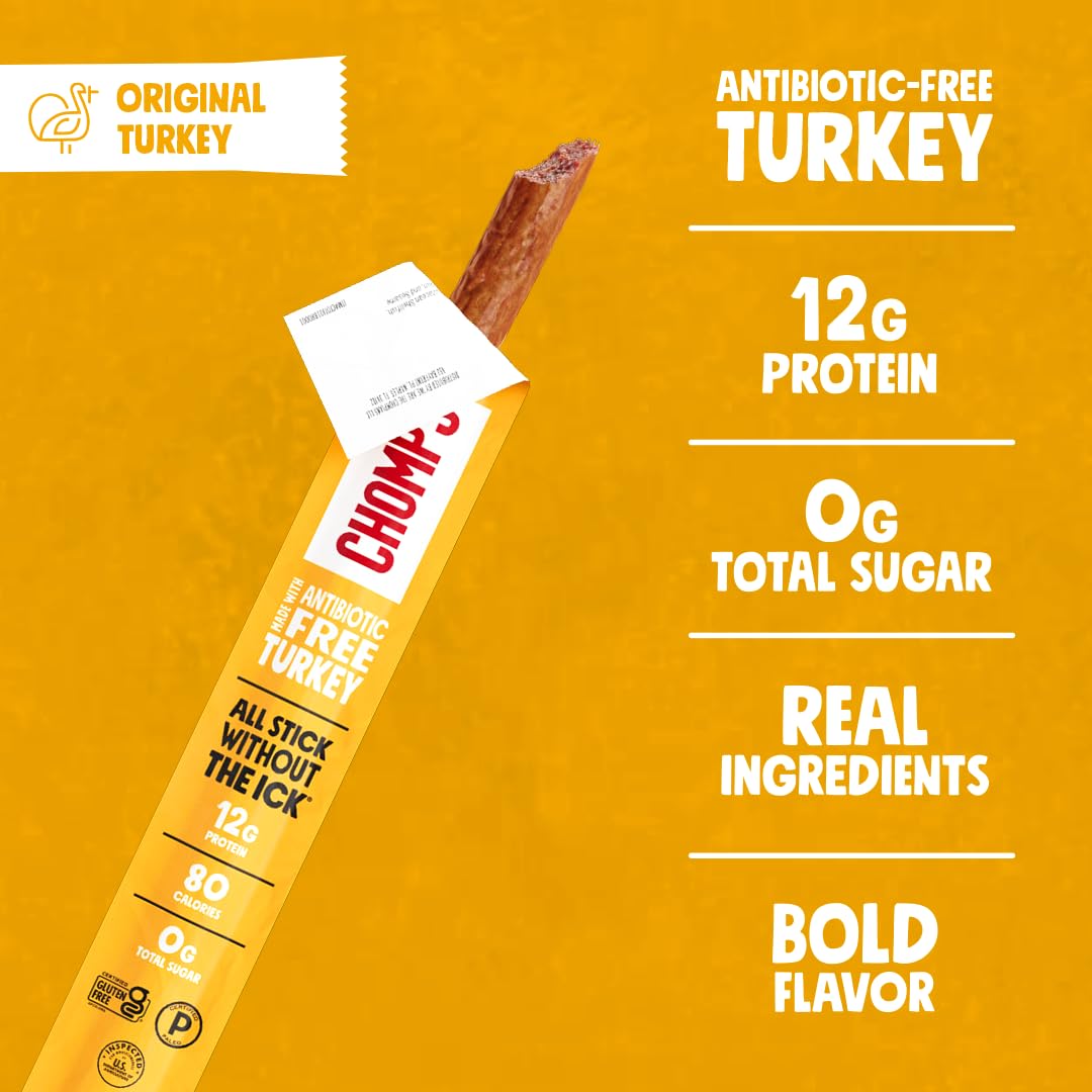 Ready-to-eat Chomps Original Turkey Jerky Stick for quick protein during workouts.