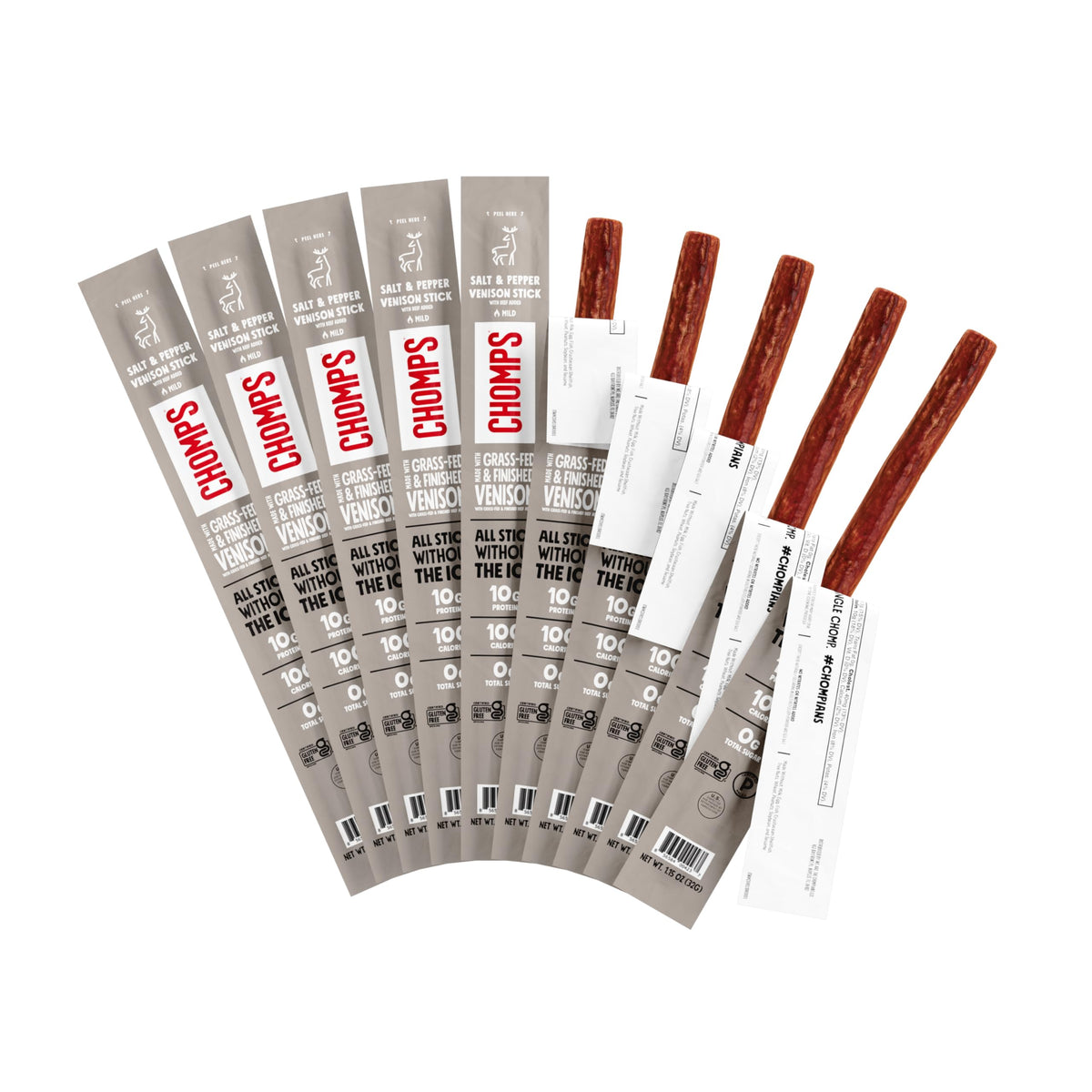 Chomps Salt & Pepper Venison Jerky Stick on-the-go high-protein snack.