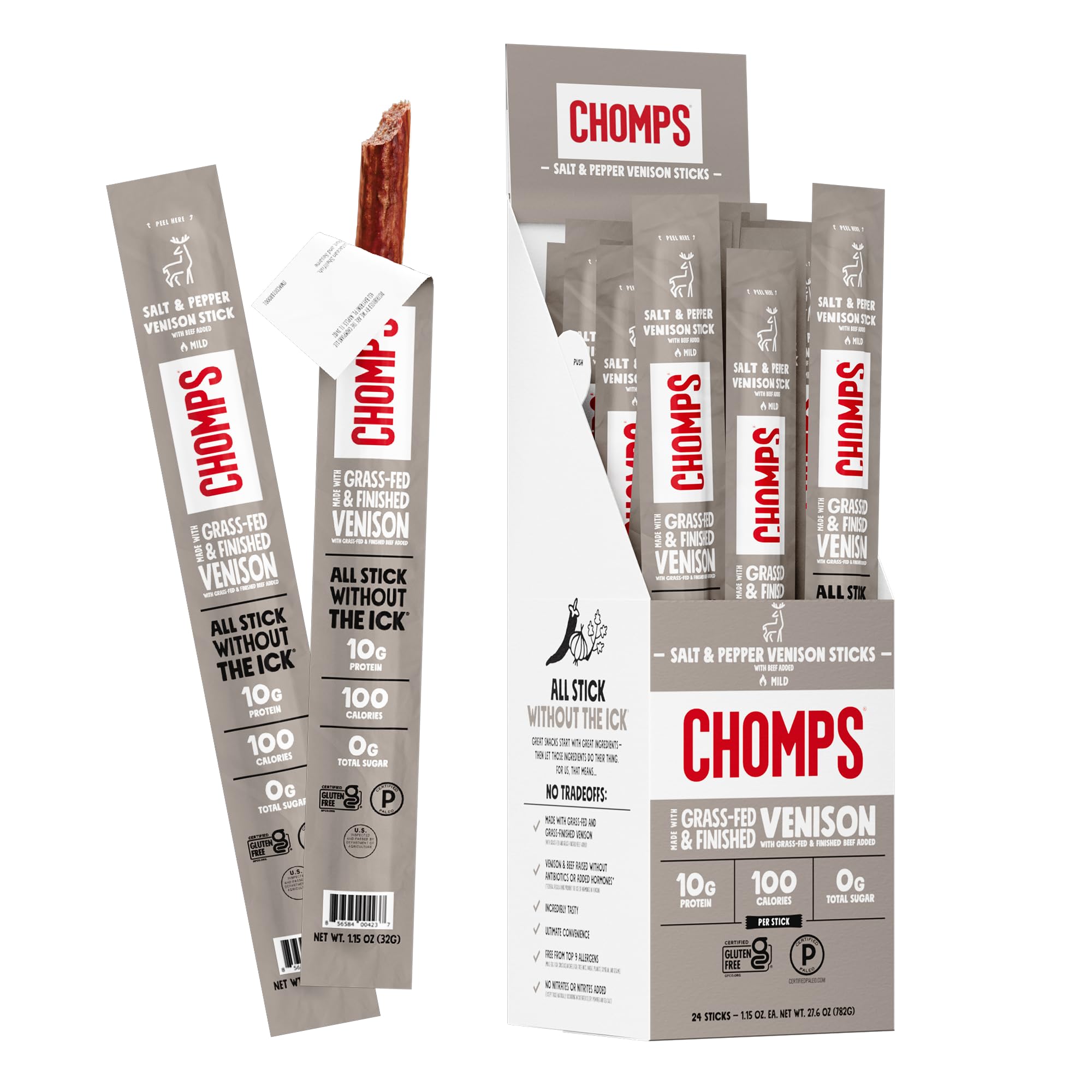 Chomps Salt & Pepper venison stick for on-the-go flavor and protein.