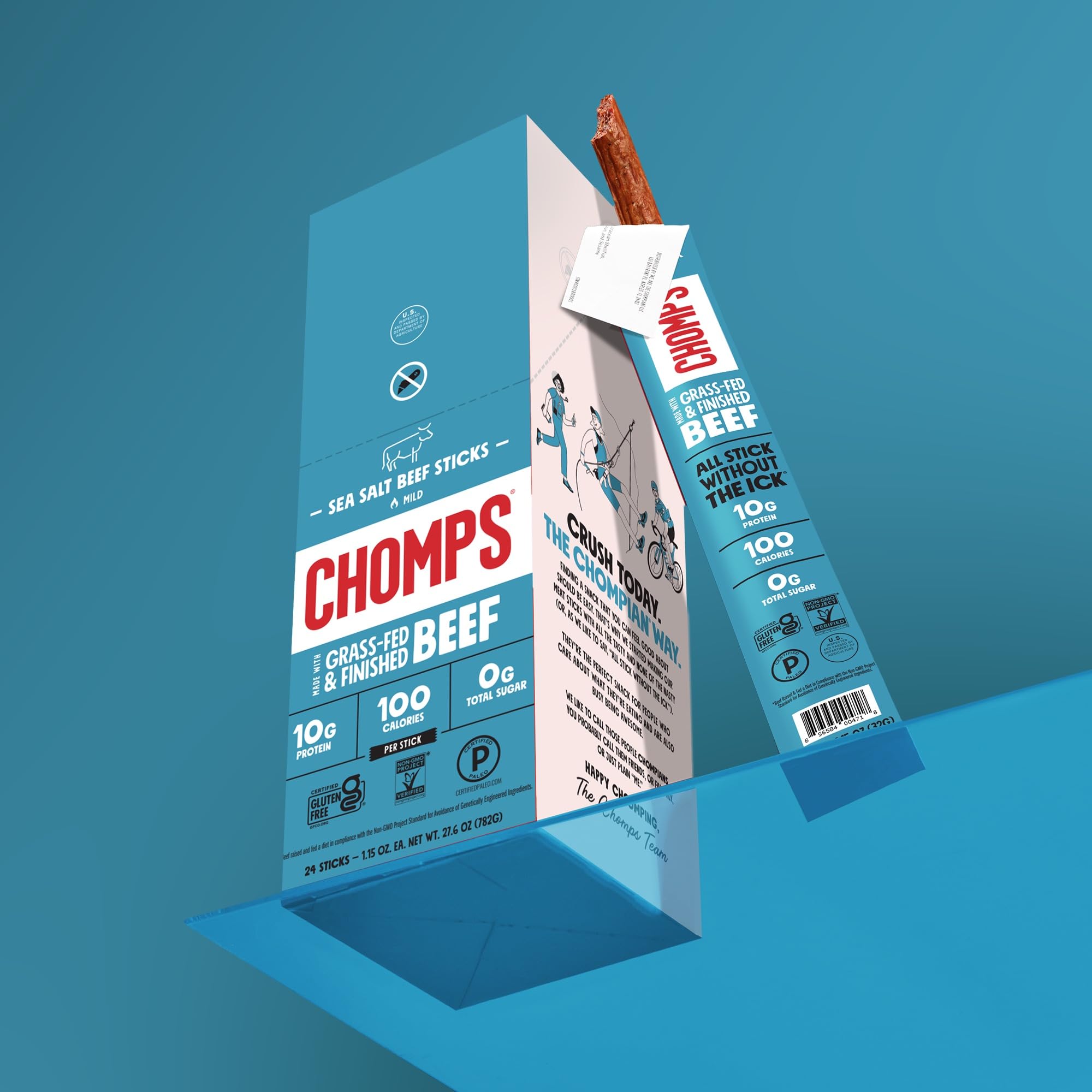 Chomps pack showing 100 calories per stick.