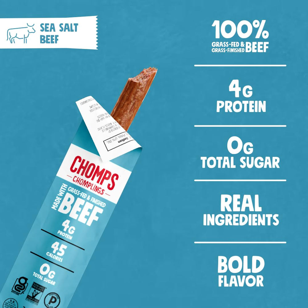 Chomps Sea Salt Beef Jerky Stick highlighting gluten-free, paleo-friendly snacking.