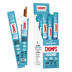 CHOMPS sea salt beef jerky stick shows convenient protein snack