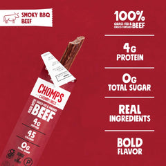 Chomps Smoky BBQ beef jerky stick, bold spice flavor close-up
