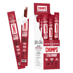 Chomps Smoky BBQ beef jerky sticks package, ideal for on-the-go protein.