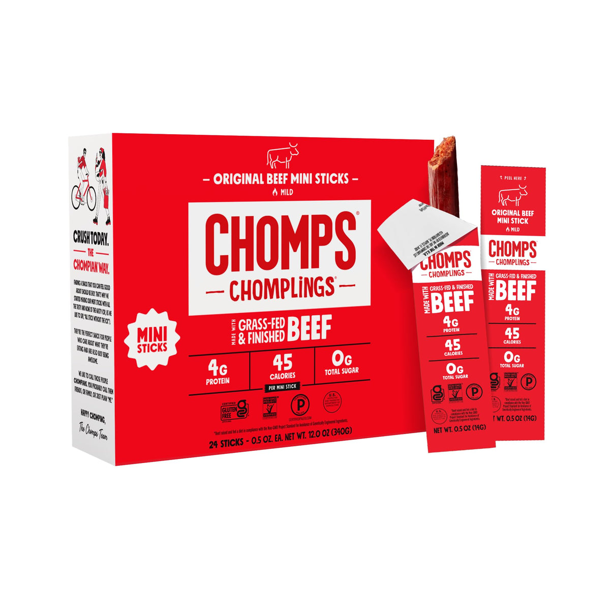 Chomps snack-size Original beef jerky stick close-up texture and 4g protein