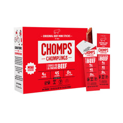 Chomps snack-size Original beef jerky stick close-up texture and 4g protein