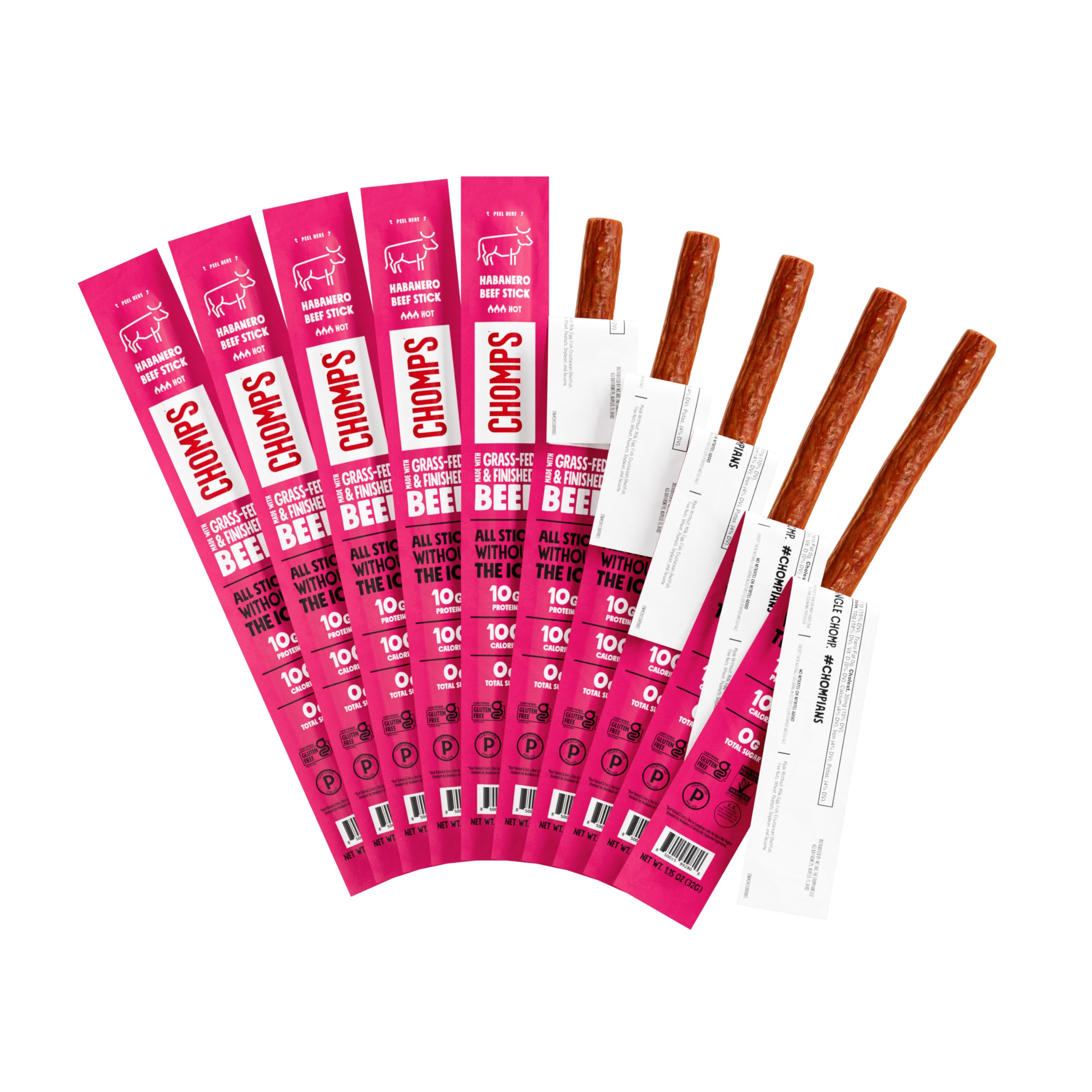 Chomps spicy habanero beef jerky stick for on-the-go protein.