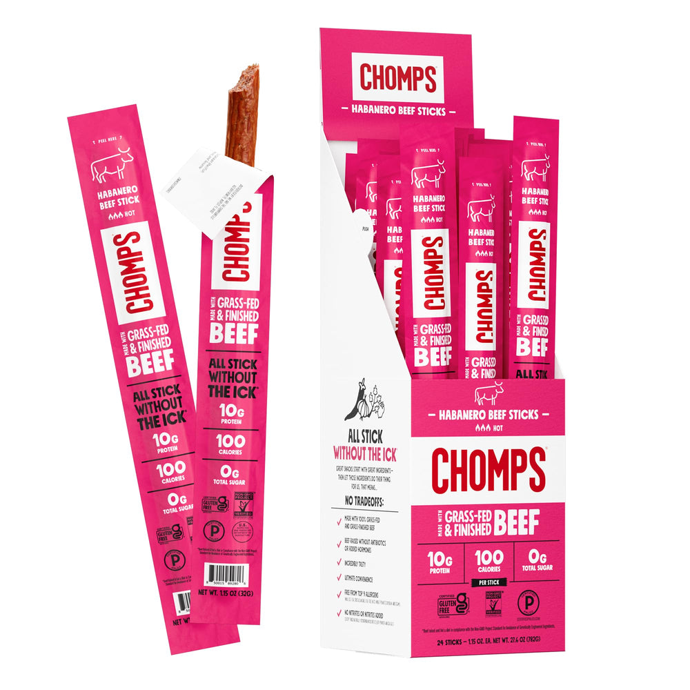 Chomps spicy habanero beef jerky stick 24-pack front view for on-the-go protein